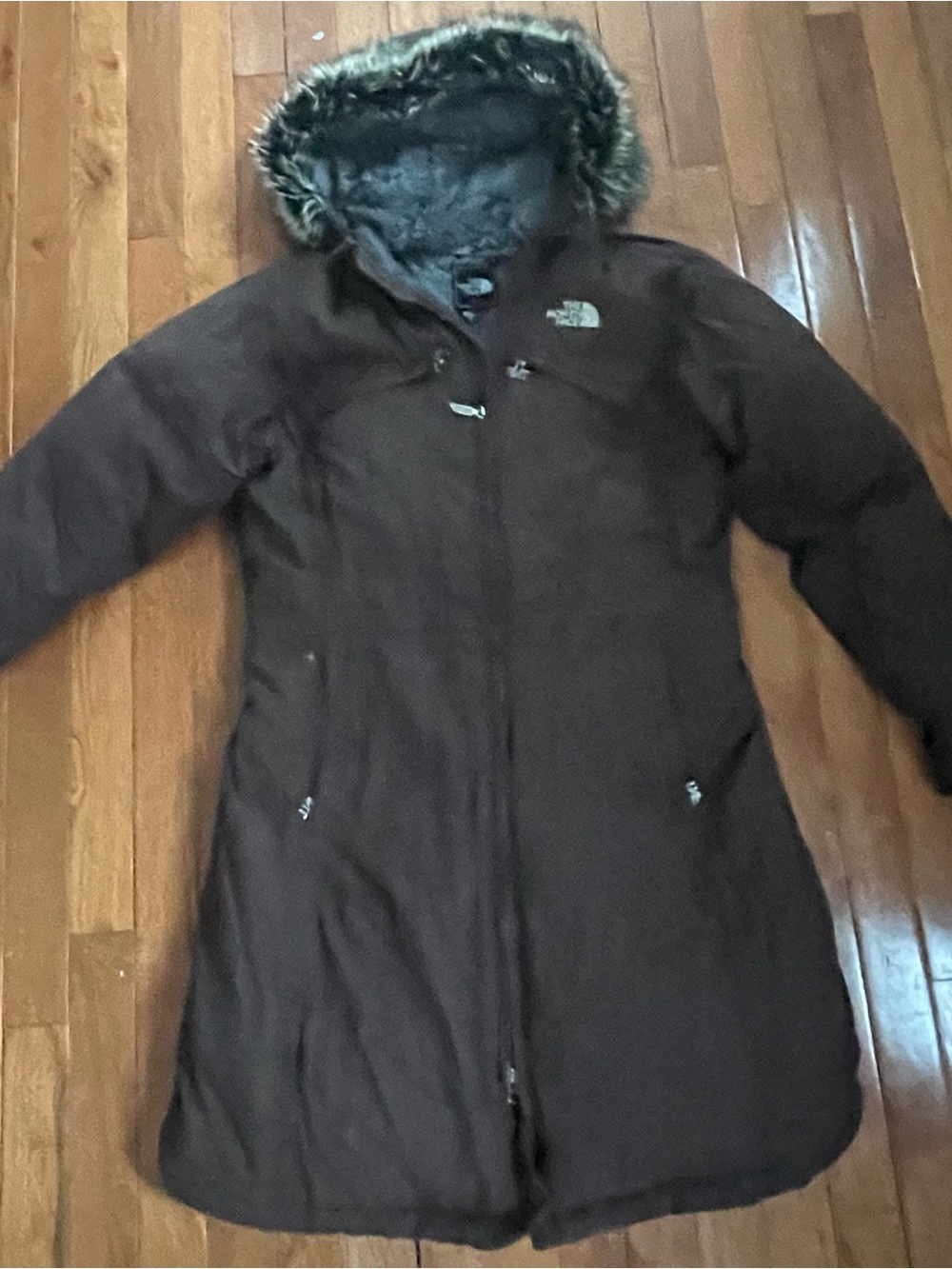 The North Face HyVent Brown Faux Fur Hooded Down Long Parka Coat Women’s Med